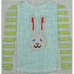 O208H sweater - long ear white bunny on blue with green striped sleeves 3.75 x 4 18 Mesh Kristine Kingston Needlepoint Designs