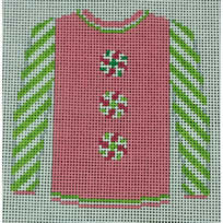 O199AF Sweater- Peppermints on Pink with Lime Sleeves  3.75" x 4" 18 Mesh Kristine Kingston Needlepoint Designs