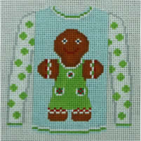 O199AA Sweater- Gingerbread Girl on Blue with Green Dot  Sleeves 3.75" x 4" 18 Mesh Kristine Kingston Needlepoint Designs