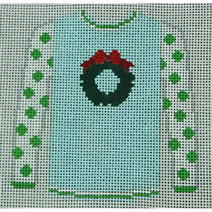 O199U Sweater- Wreath on Blue with Lime Polka Dots Sleeves 3.75" x 4" 18 Mesh Kristine Kingston Needlepoint Designs