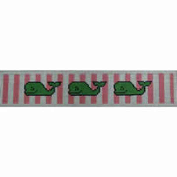 F02E Key Fob - Happy Green Whales on Hot Pink 8" x 1.5" 18 Mesh Kristine Kingston Needlepoint Designs