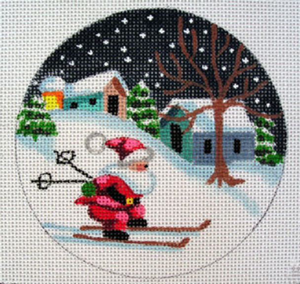 D-92 Santa on Skis Ornament 4 round 18 Mesh Designs By Dee