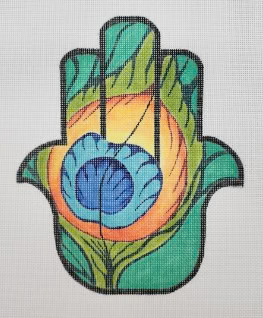 R1210 Peacock Feather Hamsa 7" x 8.5" 18 Mesh Robbyn's Nest Designs