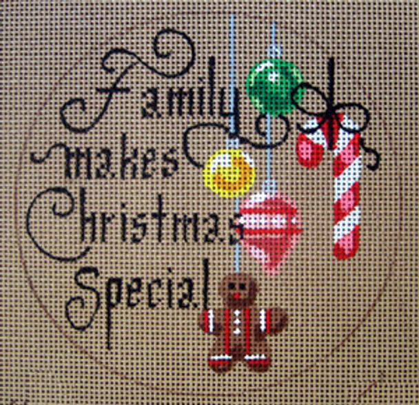 D-184 Family Makes Christmas Special (on brown canvas) 4 round 18 Mesh Designs By Dee