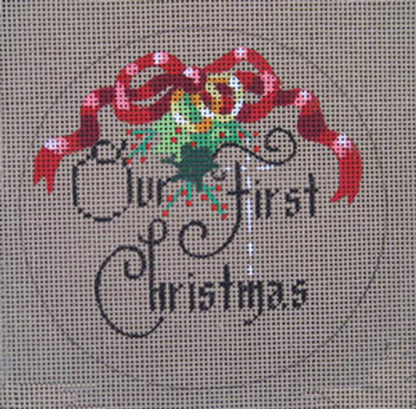 D-171 Our First Christmas (on brown canvas) 4 round 18 Mesh Designs By Dee