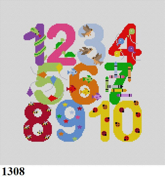 Kids & Nursery 1308 Susan Roberts Needlepoint NUMBERS WITH CHARACTERS, CHAIR SEAT 9" x 9" 13 MESH