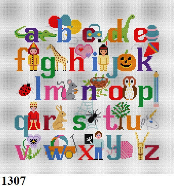 Kids & Nursery 1307 Susan Roberts Needlepoint ALPHABET WITH CHARACTERS, CHAIR SEAT  9.5" x 9.5" 13 MESH