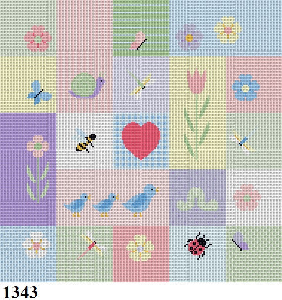 Kids & Nursery 1343 Susan Roberts Needlepoint GARDEN PATCH, CHAIR SEAT 14.5" x 14.5" 13 MESH