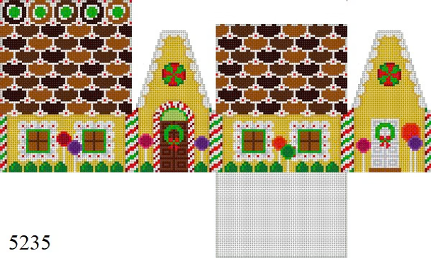 Gingerbread 5235 Susan Roberts Needlepoint BUTTERSCOTCH WITH TRI-CHOC WAFERS, 3D GINGERBREAD HOUSE 3.5" x 2.25" x 3.75" 18 MESH