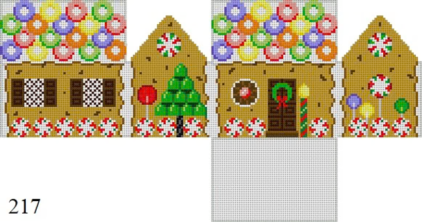 Gingerbread 217 Susan Roberts Needlepoint CHOCOLATE CHIP AND LIFESAVERS, 3D GINGERBREAD HOUSE 2.25" x 3" x 3" 18 MESH