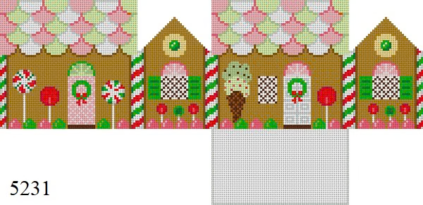 Gingerbread 5231 Susan Roberts Needlepoint PINK, GREEN, WHITE NECCOS, 3D GINGERBREAD HOUSE 3.75" x 2.5" x 3 18 MESH