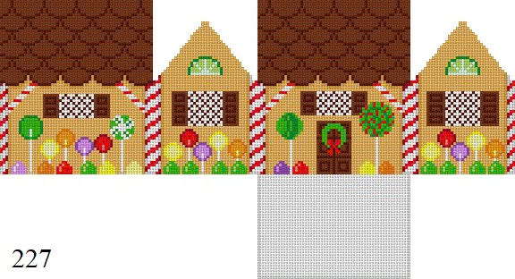 Gingerbread 227 Susan Roberts Needlepoint CHOCOLATE WAFERS AND LOLLIPOPS, 3D GINGERBREAD HOUSE 2.25" x 3" x 3" 18 MESH