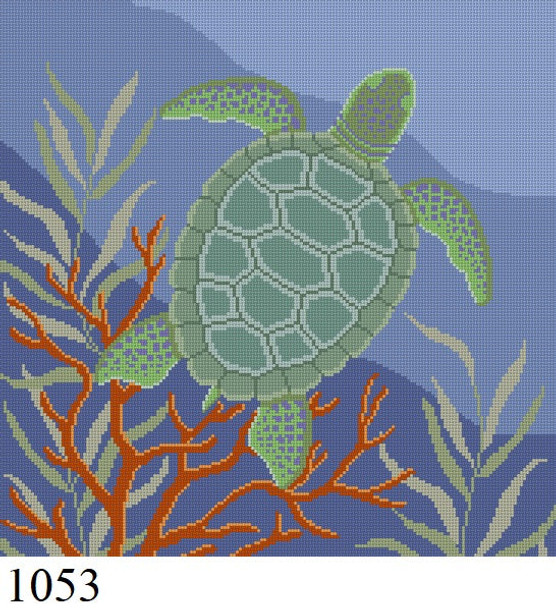 Nautical & Beach 1053 Susan Roberts Needlepoint SEAWEED CORAL TURTLE 14" x 14" 13 MESH