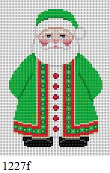 SANTA 1227f Susan Roberts Needlepoint GREEN COAT SANTA WITH PRESENT 5" High 18 MESH