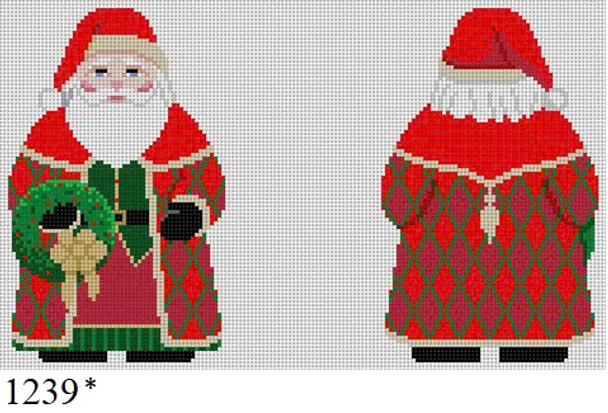 SANTA 1239 Susan Roberts Needlepoint SANTA WITH WREATH, 2 SIDED  5" High18 MESH