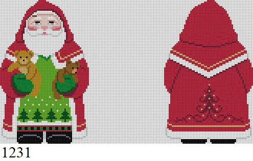 SANTA 1231 Susan Roberts Needlepoint TREE COAT SANTA WITH TEDDIES, 2 SIDED 5" High 18 MESH