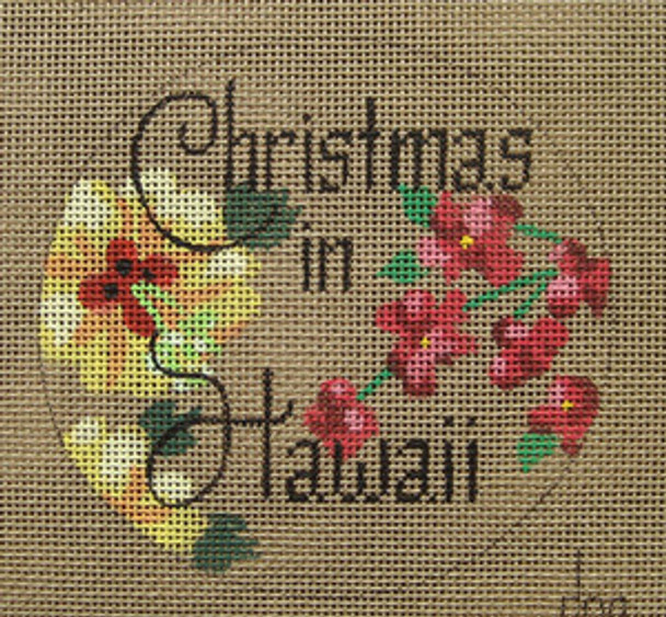 D-223 Christmas in Hawaii (hibiscus flower) (on brown canvas) 4 round 18 Mesh Designs By Dee