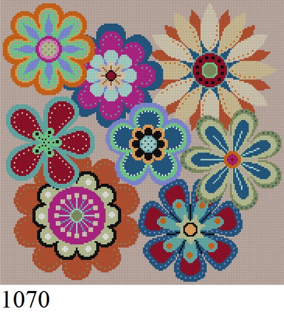 Floral & Nature 1070 Susan Roberts Needlepoint FLOWERS POP, 10" SQUARE 18 Mesh