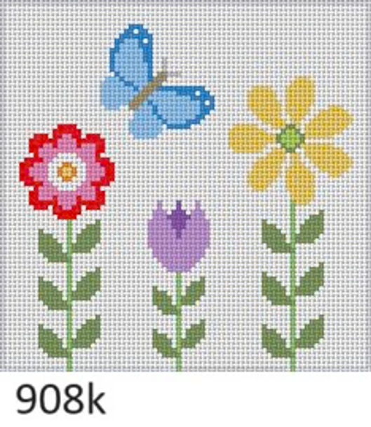 Floral & Nature 908k Susan Roberts Needlepoint FLOWERS AND BUTTERFLY, 6" SQUARE 13 MESH
