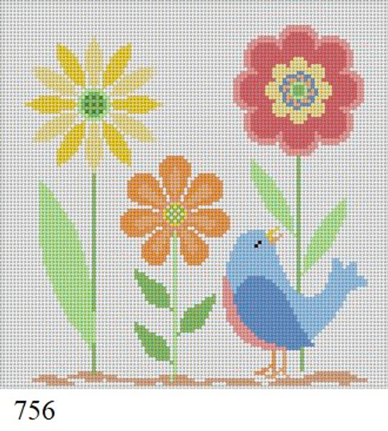 Floral & Nature 756 Susan Roberts Needlepoint FLOWER TRIO WITH BIRD, 6" SQUARE 18 Mesh