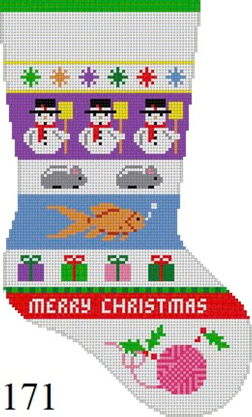 Christmas MIDI STOCKING 171 Susan Roberts Needlepoint CAT STRIPE 14" High 13 MESH