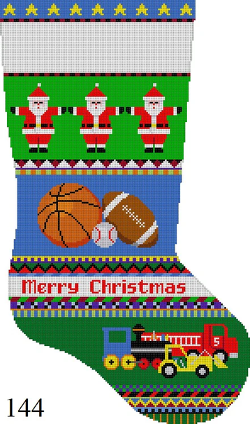 Full Size Stocking 144 Susan Roberts Needlepoint BOLD STRIPE SPORT BALLS AND TRUCKS 13 Mesh 19" h