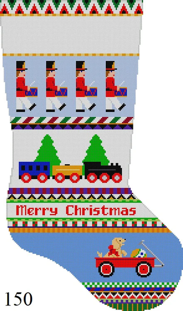 Full Size Stocking 150 Susan Roberts Needlepoint BOLD STRIPE DRUMMERS AND TRAIN 13 Mesh 19" h
