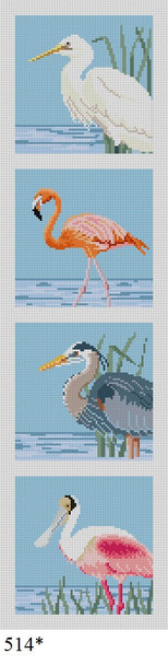 COASTER 514 Susan Roberts Needlepoint WADING BIRDS, COASTER SET 1 Strip with 4 pieces Each Design 4" X 4" 18 Mesh