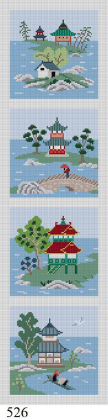 COASTER 526 Susan Roberts Needlepoint ASIAN ISLANDS, COLOR, COASTER SET 18 MESH 1 Strip with 4 pieces Each Design 4" X 4"