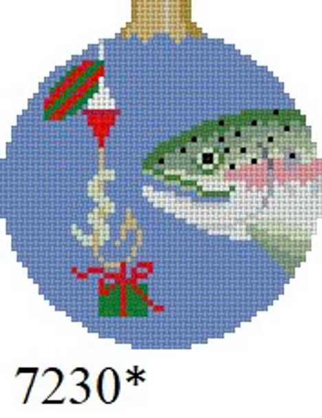 Ornament 7230 Susan Roberts Needlepoint FISH GIFT, 3.25" ROUND - 18 MESH