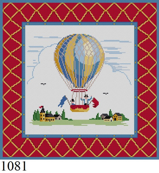 PILLOW/Wall 1081 Susan Roberts Needlepoint BLUE AND YELLOW HOT AIR BALLOON, 14" SQUARE 13 MESH