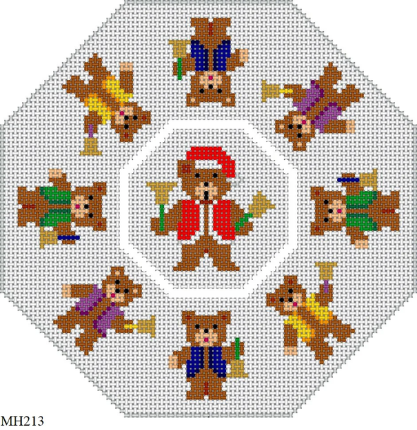 ORNAMENT MH213 Susan Roberts Needlepoint JINGLE BEARS, OCTAGON DANGLER 5.25" High 18 MESH