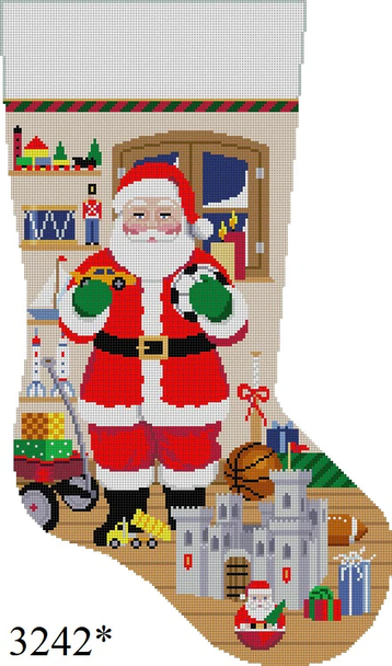 Full Size Stocking 3242 Susan Roberts Needlepoint SANTA WITH CASTLE, BOY TOYS 19" High 13 Mesh