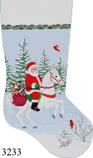 Full Size Stocking 3233 Susan Roberts Needlepoint SANTA ON HORSE 13 Mesh 19" h