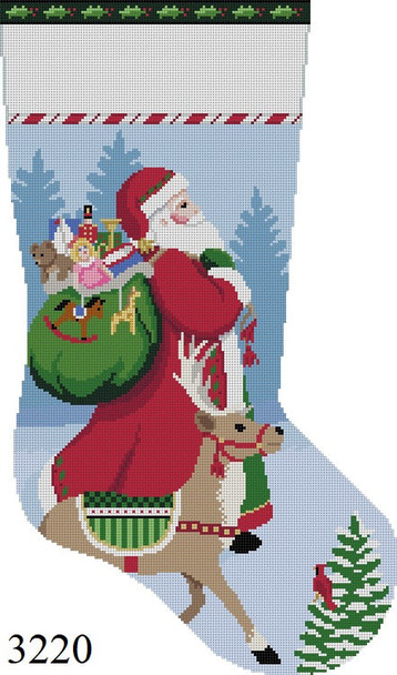 Full Size Stocking 3220 Susan Roberts Needlepoint TASSELED SANTA AND REINDEER 13 Mesh 19" h