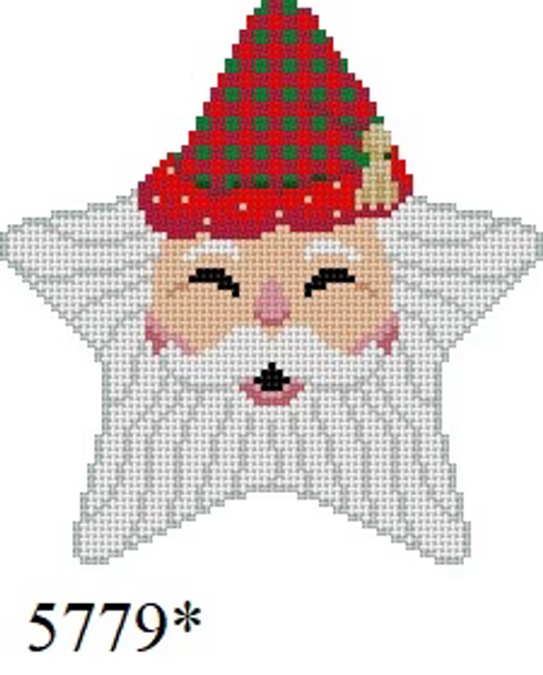 Ornament STAR 5779 Susan Roberts Needlepoint STAR, SANTA FACE, CHECKER HAT 4" x 4.25" 18 Mesh