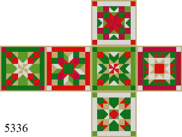 Ornament 5336 Susan Roberts Needlepoint QUILT STARS, 2.75" CUBE - 13 MESH