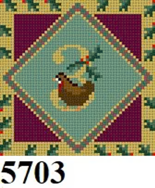 Ornament 5703 Susan Roberts Needlepoint 3 French Hens 3" SQUARE 18 Mesh TWELVE DAYS OF CHRISTMAS