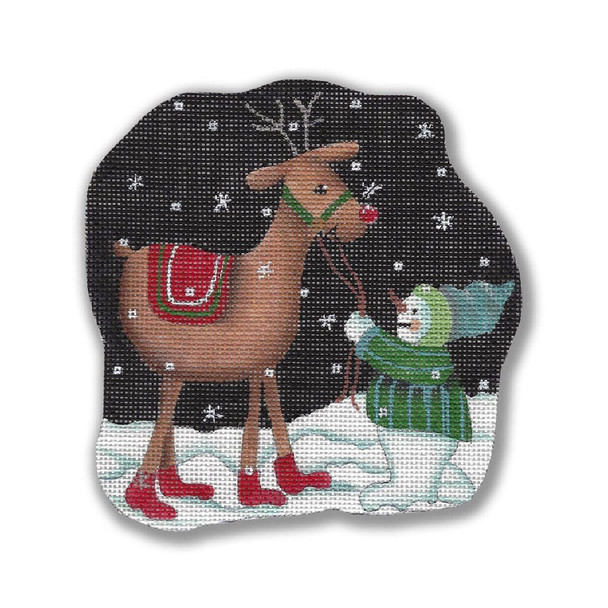 GD-XO 57 Snowman w/Reindeer  5 x 5.25 18 Mesh Ornament Ginny Diezel