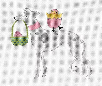SNEA01a  Easter: Greyhound with Basket 5.25 x 4.5  18 Mesh Suzanne Nicoll