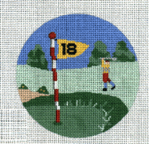 PP875AA Golf Scene With Stitch Guide 18 Mesh 5” round Painted Pony Designs