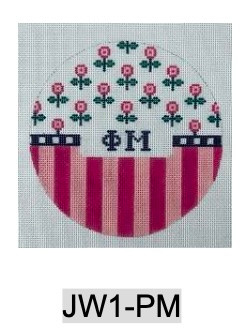 Sorority JW1 PM w/flowers and stripes-Phi Mu 4.75" round 18 Mesh Officially Licensed Kangaroo Paw Designs