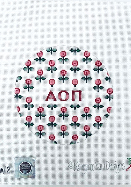 Sorority JW2 AOP w/allover flowers-Alpha Omicron Pi 4.75" Round 18 Mesh Officially Licensed Kangaroo Paw Designs