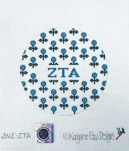 Sorority JW2 ZTA  w/allover flowers-Zeta Tau Alpha 4.75" Round 18 Mesh Officially Licensed Kangaroo Paw Designs