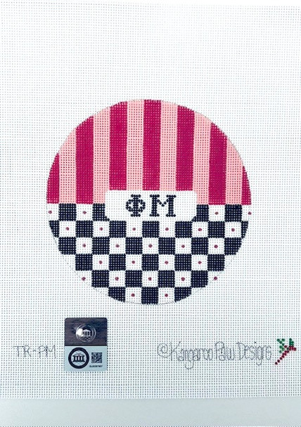 Sorority TR PM w/stripes and checks-Phi Mu 4.75" Round 18 Mesh Officially Licensed Kangaroo Paw Designs