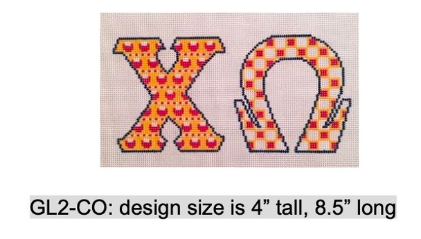 Sorority GL2 CO multi pattern letters-Chi Omega 4.25" x 9" 13 Mesh Officially Licensed Kangaroo Paw Designs