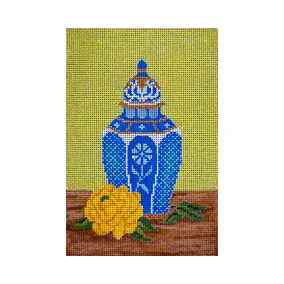 Asian O196 Blue Pot & Yellow Peony 13 Mesh JP Needlepoint