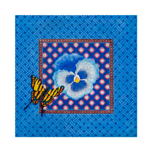 VEGETATION V028 Blue Pansy & Zebra Butterfly 10 x 10 18 Mesh JP Needlepoint