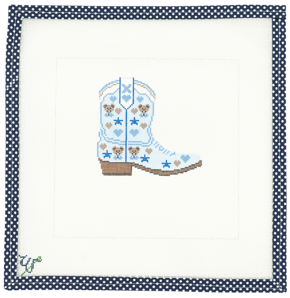 WS-091 Boot Scoot Blue 7.5" wide by 7.5" tall. Includes an alphabet chart 18 Mesh WIPSTITCH Needleworks!