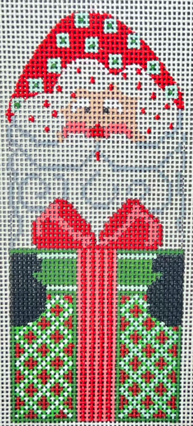 CH-1285 Santa with Green Present  2 ¼ x 5 18 Mesh CH Designs